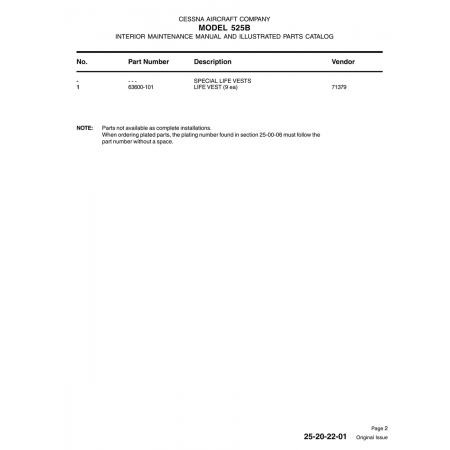 Aviation Part 63600-101 for Cessna 525B Aircraft Aviation Part 63600-101 for Cessna 525B Aircraft