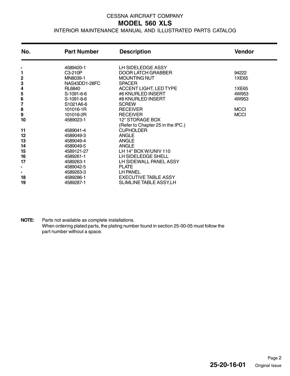 Aviation Part S-1091-6-6 for Cessna 560XL Aircraft