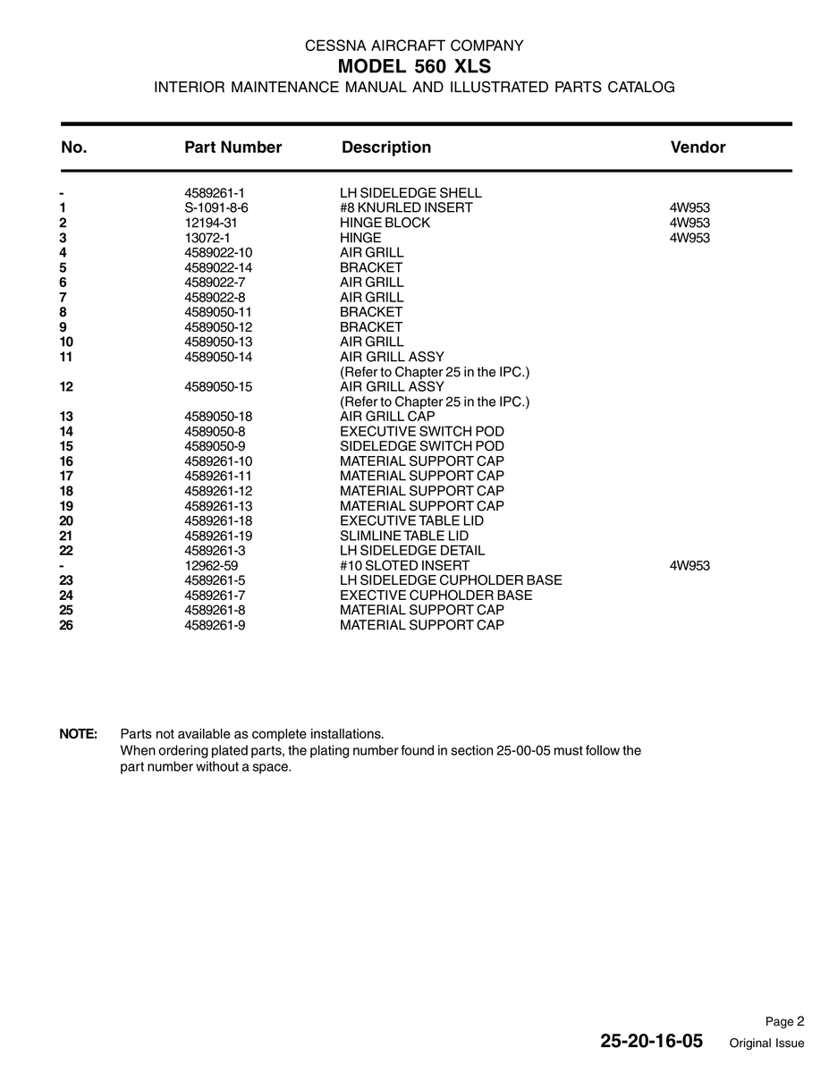 Aviation Part 4589261-11 for Cessna 560XL Aircraft