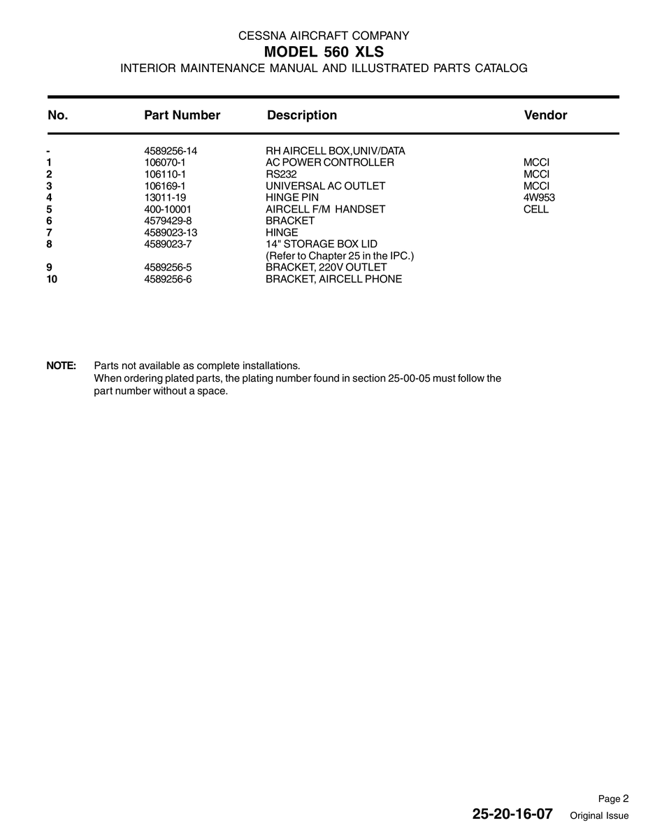 Aviation Part 13011-19 for Cessna 560XL Aircraft