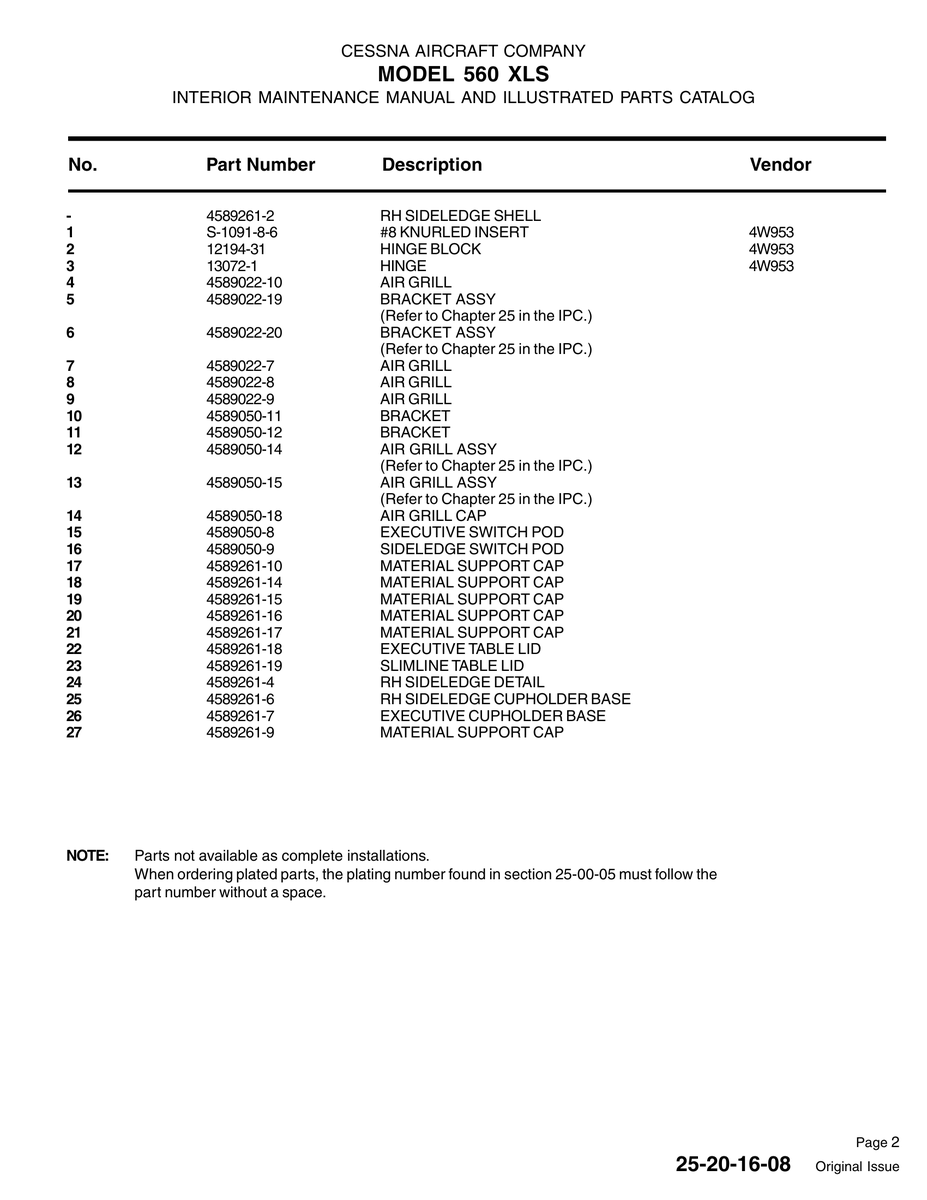 Aviation Part 4589022-20 for Cessna 560XL Aircraft