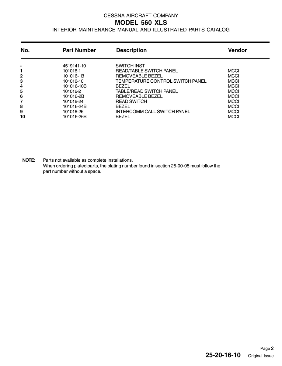 Aviation Part 101016-10B for Cessna 560XL Aircraft