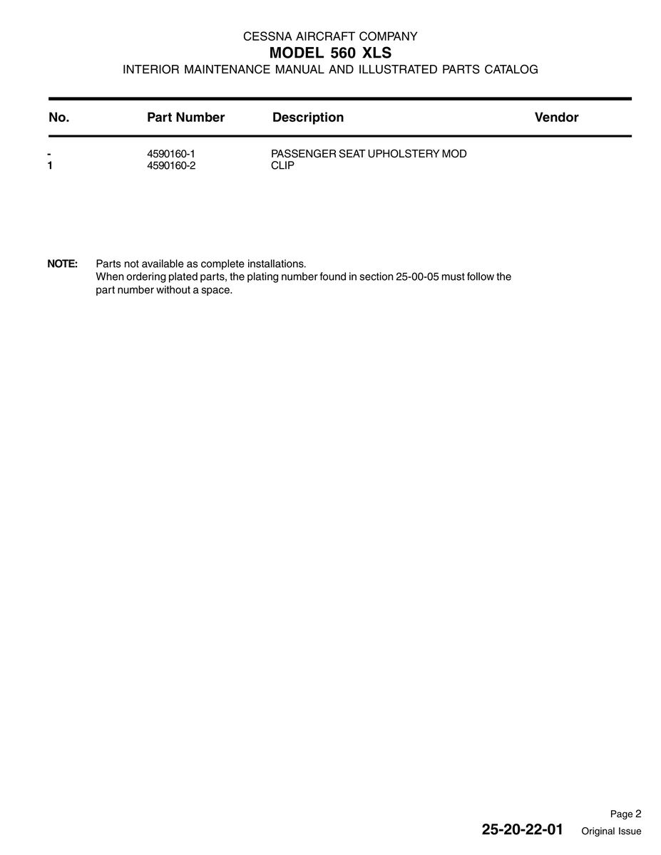 Aviation Part 4590160-1 for Cessna 560XL Aircraft