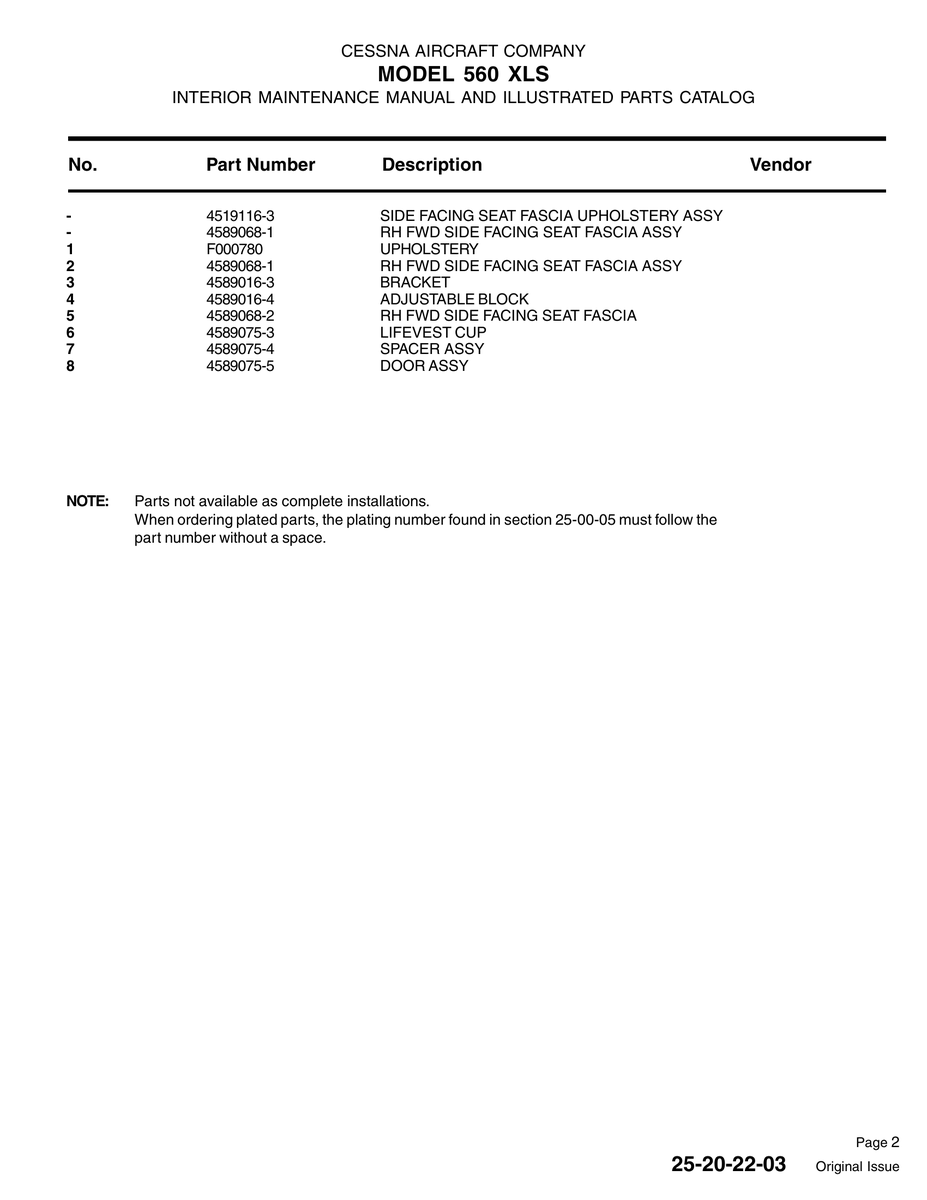 Aviation Part F000780 for Cessna 560XL Aircraft