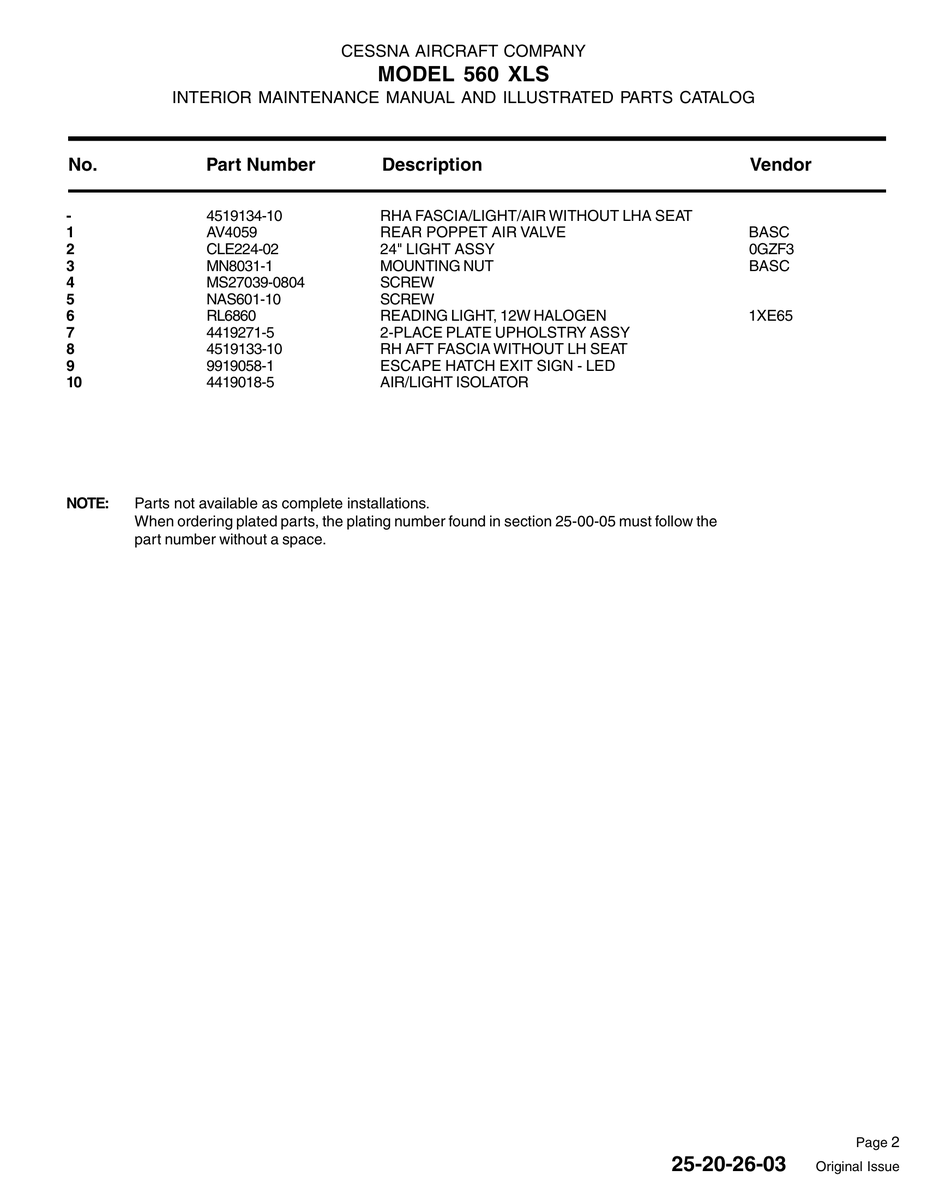 Aviation Part 9919058-1 for Cessna 560XL Aircraft