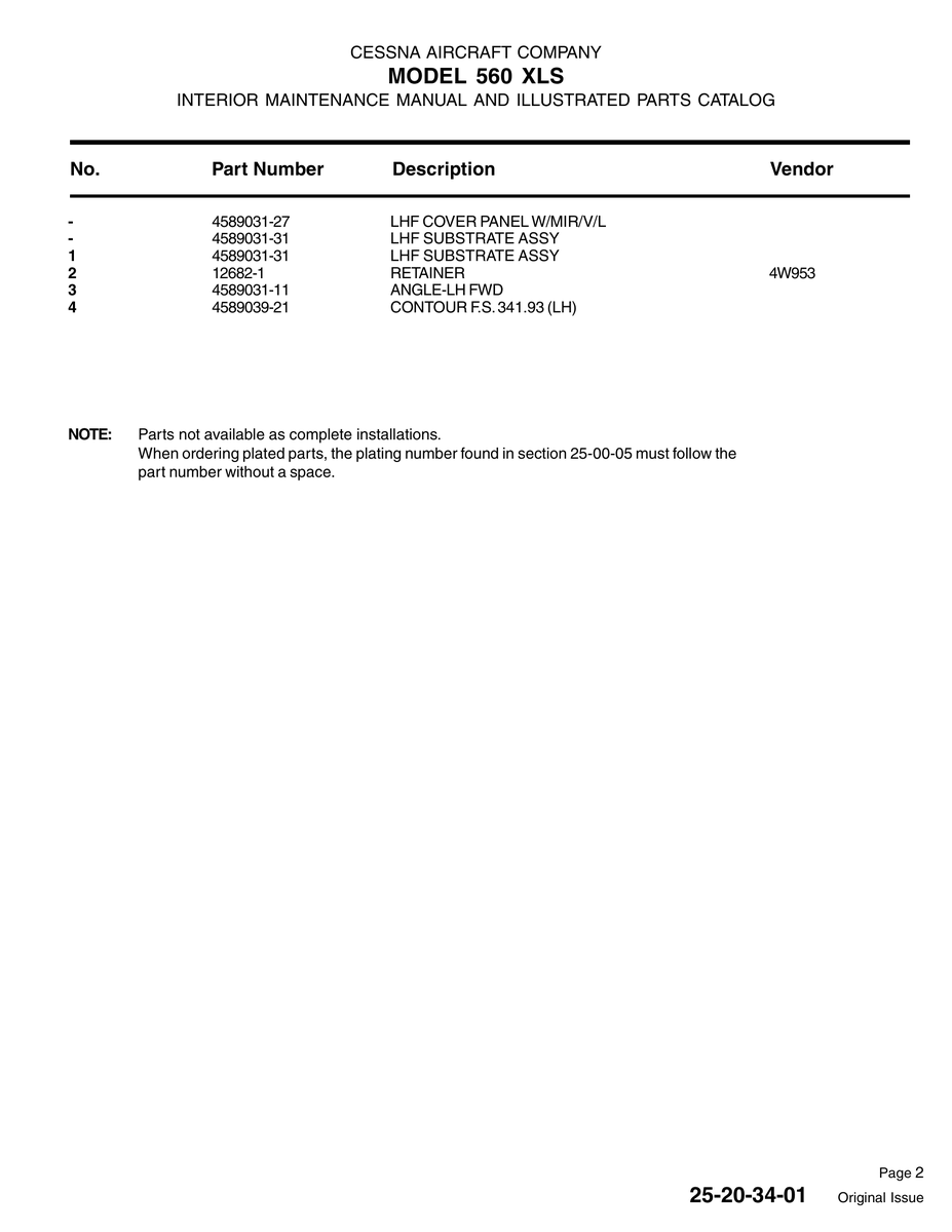 Aviation Part 12682-1 for Cessna 560XL Aircraft