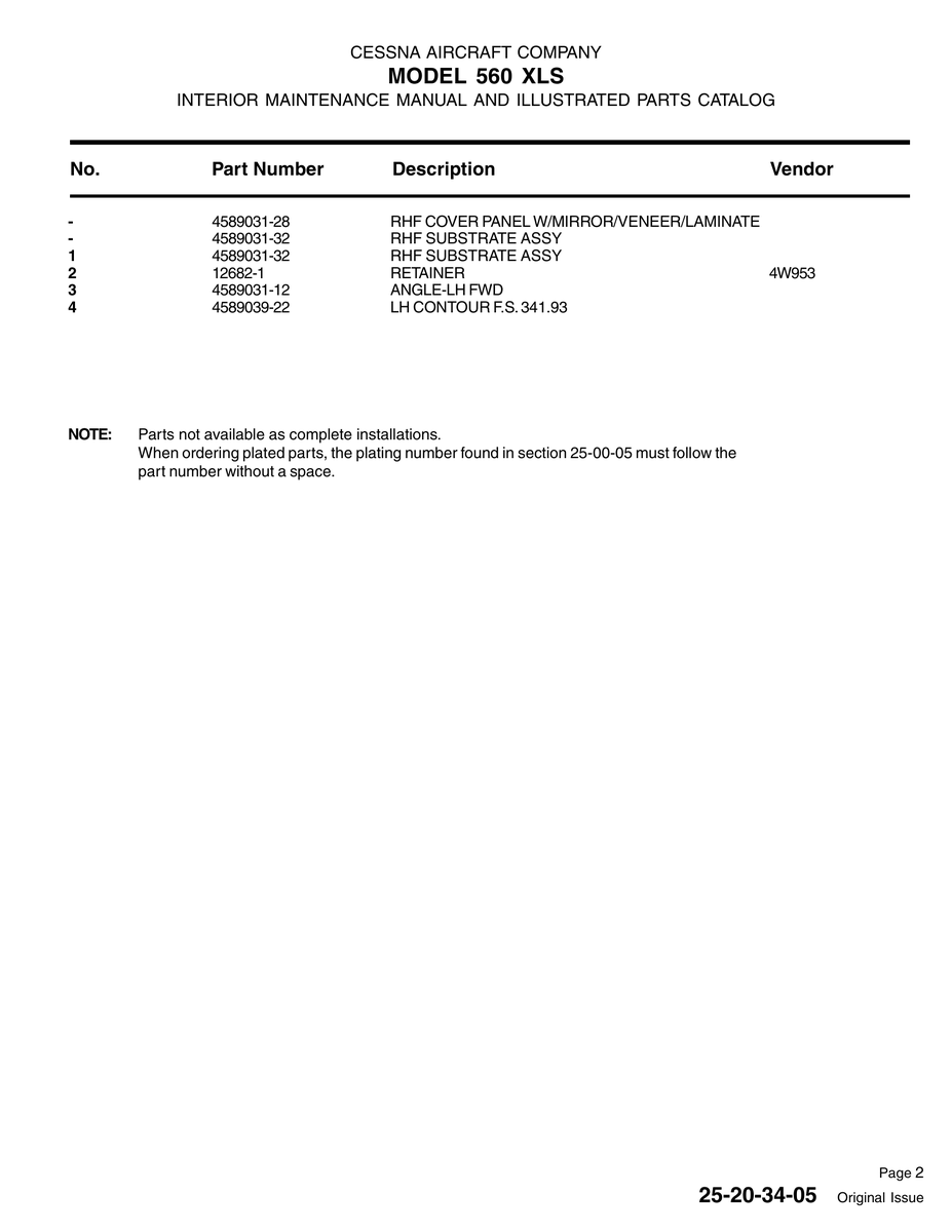 Aviation Part 4589031-32 for Cessna 560XL Aircraft