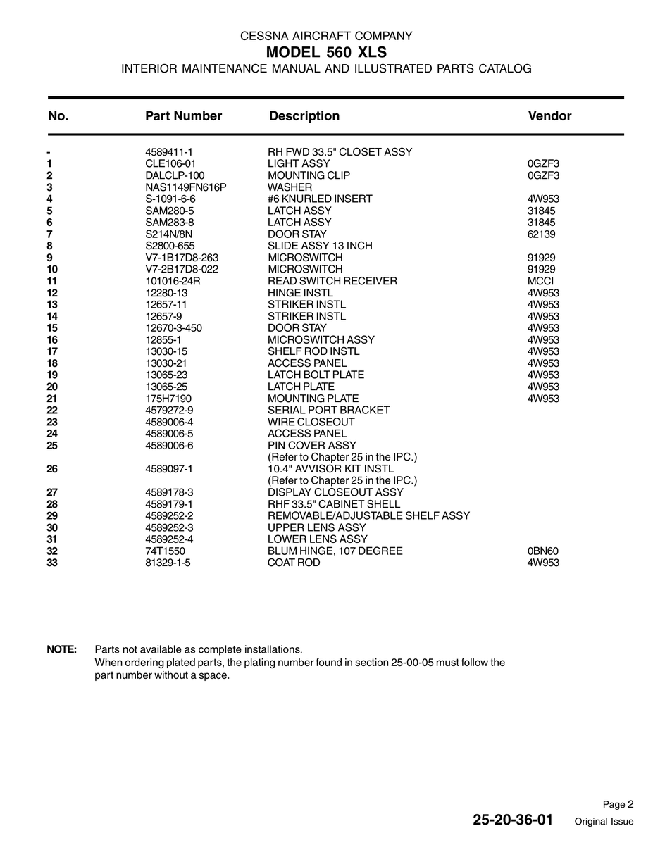 Aviation Part DALCLP-100 for Cessna 560XL Aircraft