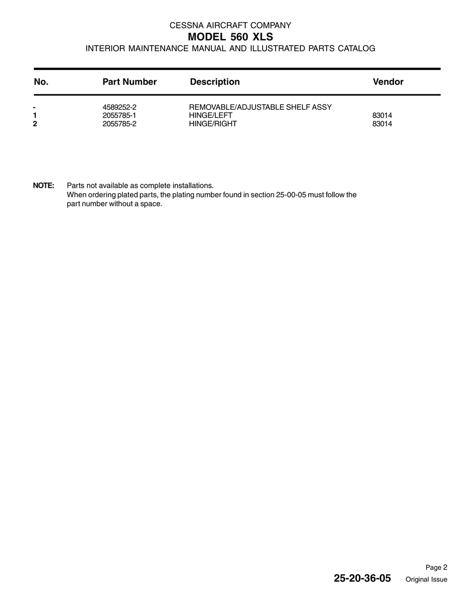 Aviation Part 2055785-2 for Cessna 560XL Aircraft