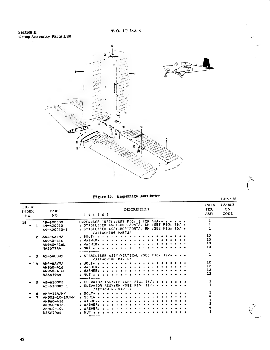 Aviation Part T-34A-4-15 for Beechcraft T34 Mentor Aircraft