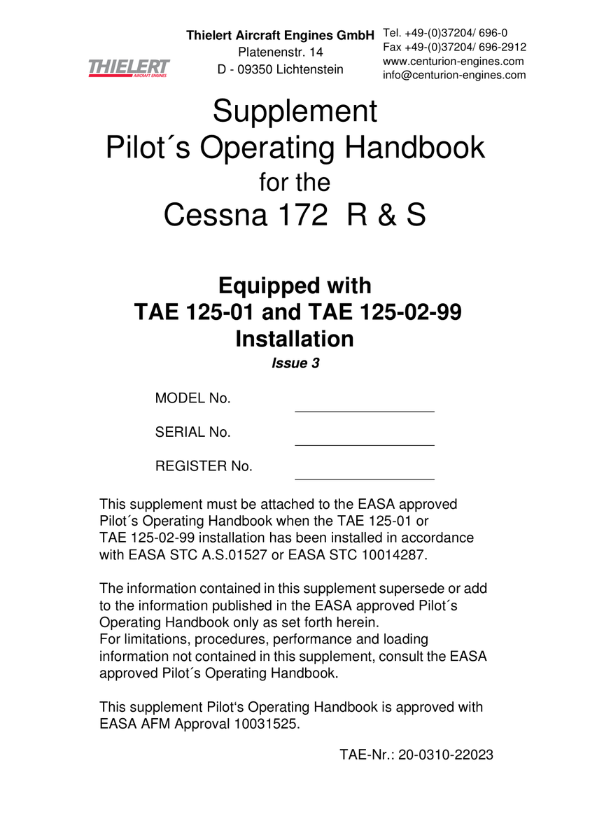 Pilot´s Operating Handbook Supplement 20-0310-22023 for Cessna 172 Skyhawk Aircraft