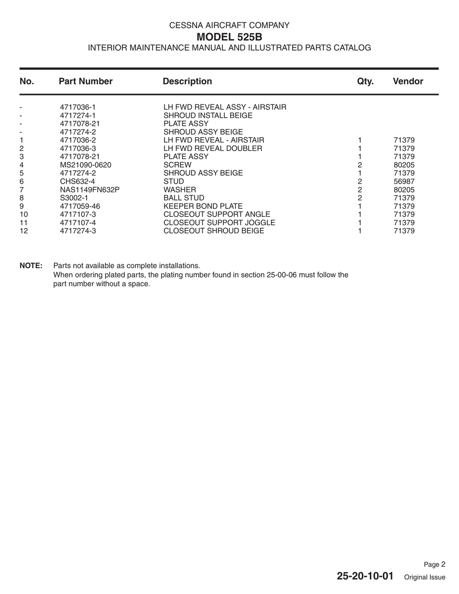 Aviation Part 4717107-3 for Cessna 525 Aircraft