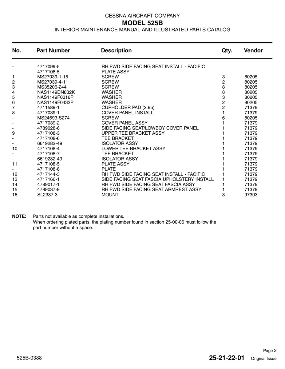 Aviation Part SL2337-3 for Cessna 525B Aircraft