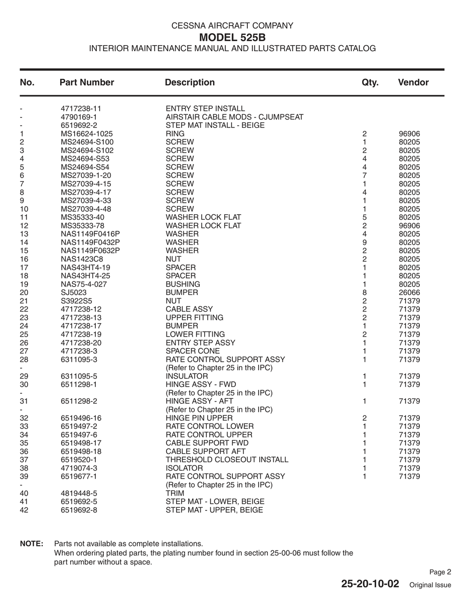 Aviation Part S3922S5 for Cessna 525B Aircraft