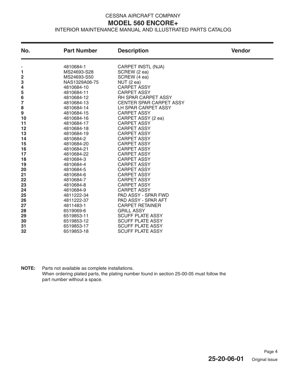 Aviation Part 4810684-19 for Cessna 560XL Aircraft