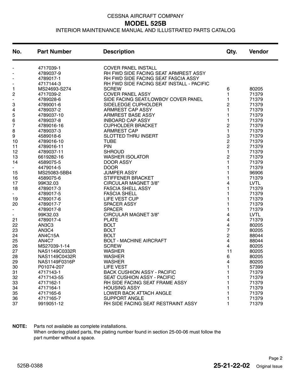 Aviation Part 9919051-12 for Cessna 525 Aircraft