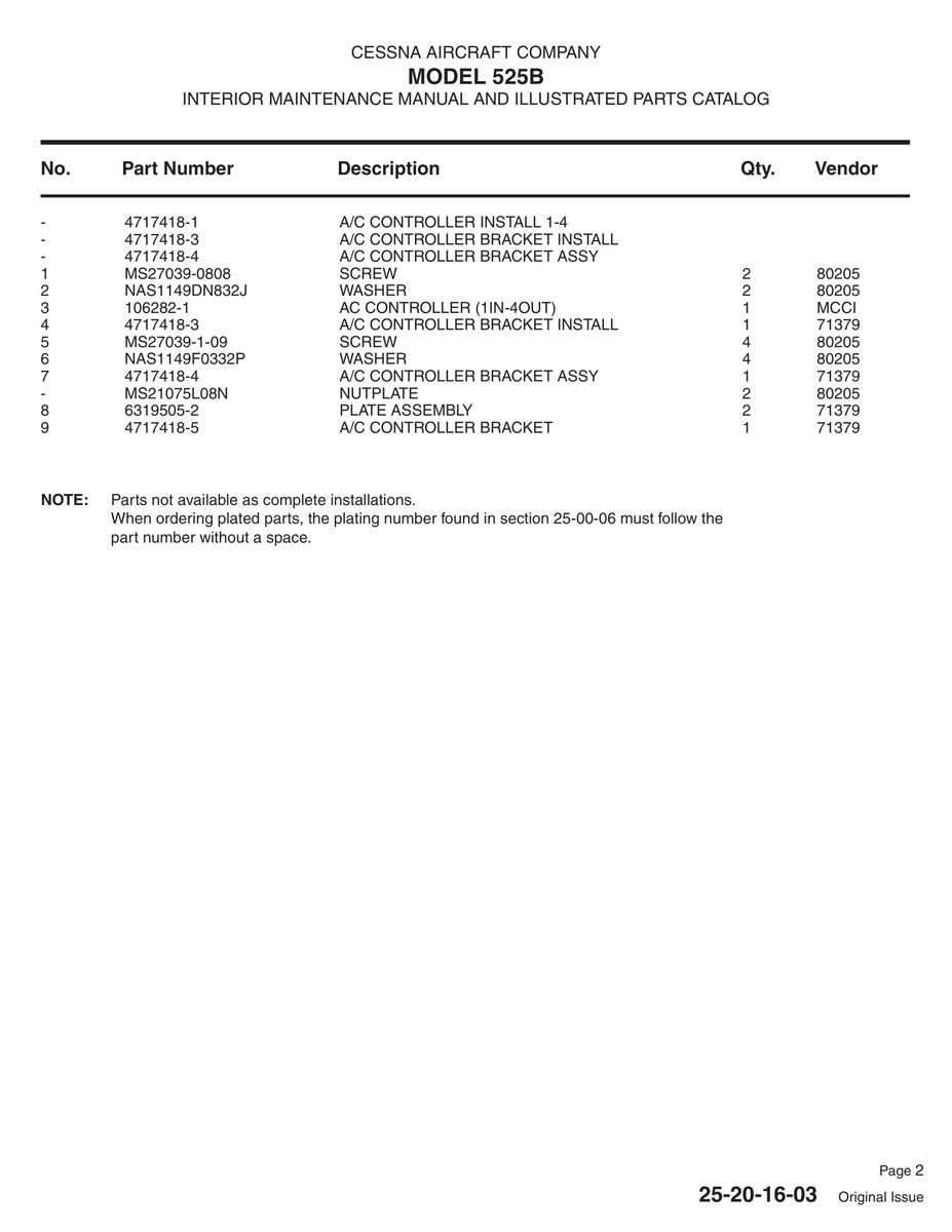 Aviation Part 4717418-4 for Cessna 525 Aircraft