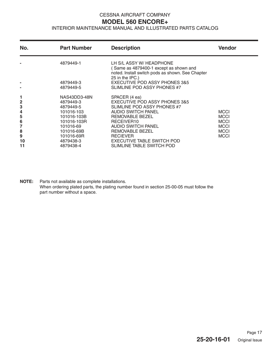 Aviation Part 101016-69 for Cessna 560XL Aircraft