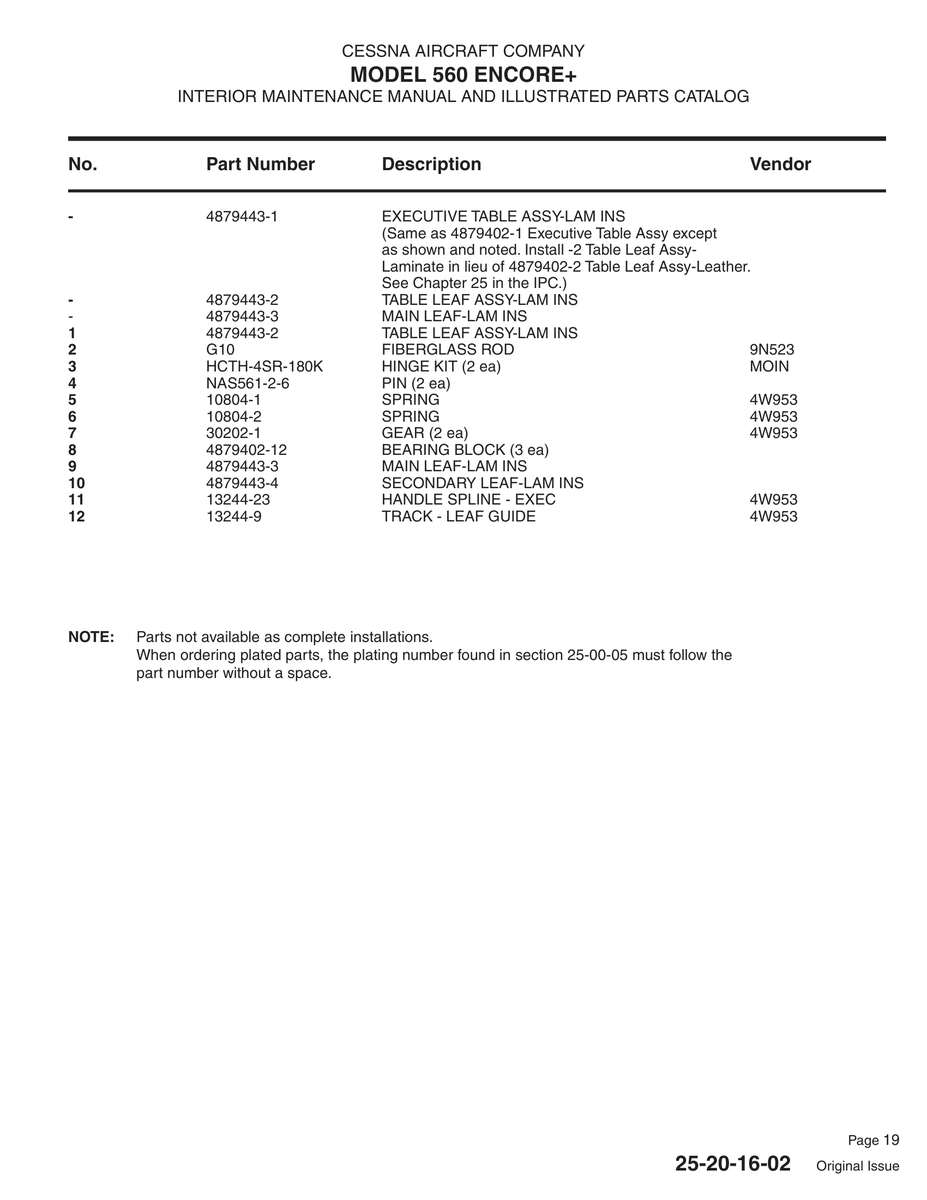 Aviation Part 4879443-3 for Cessna 560XL Aircraft