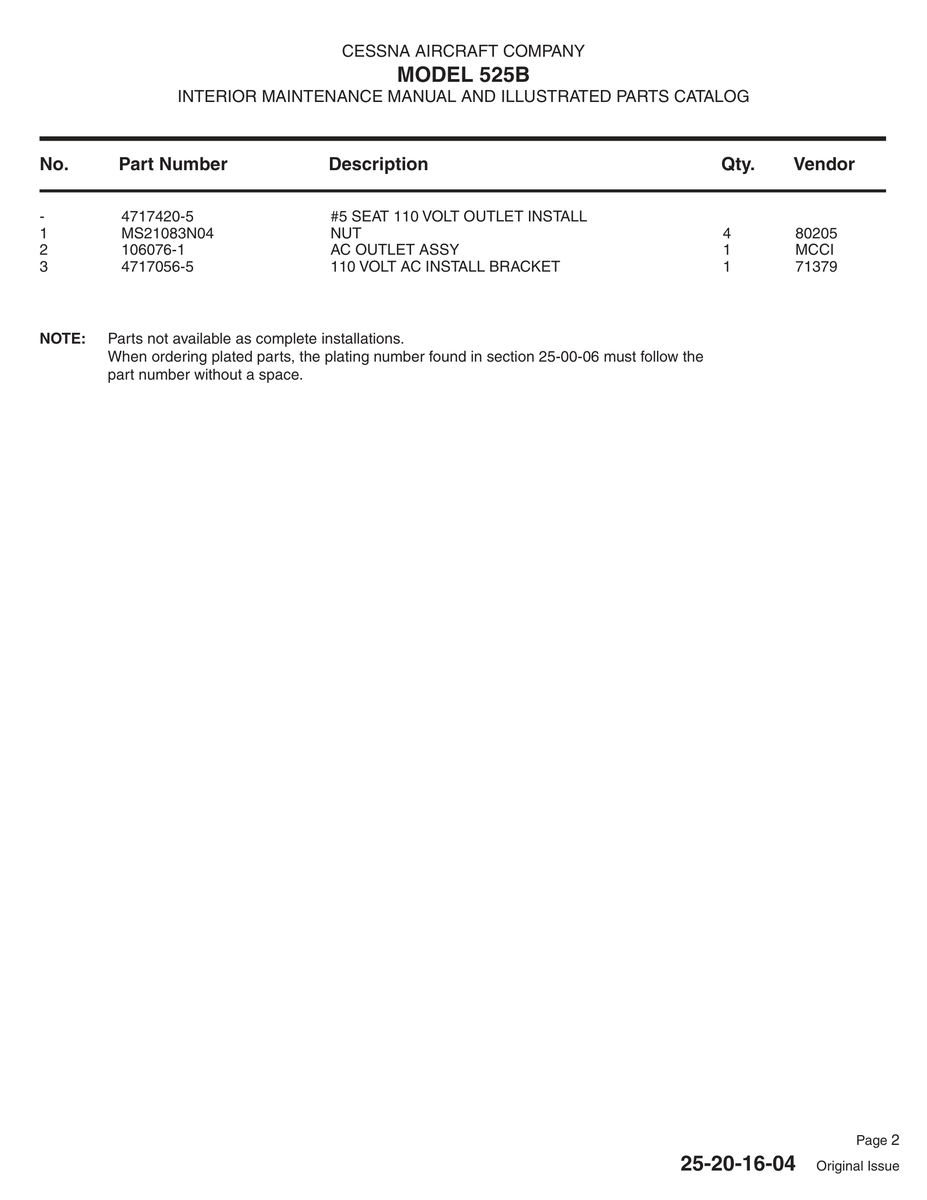Aviation Part 106076-1 for Cessna 525 Aircraft