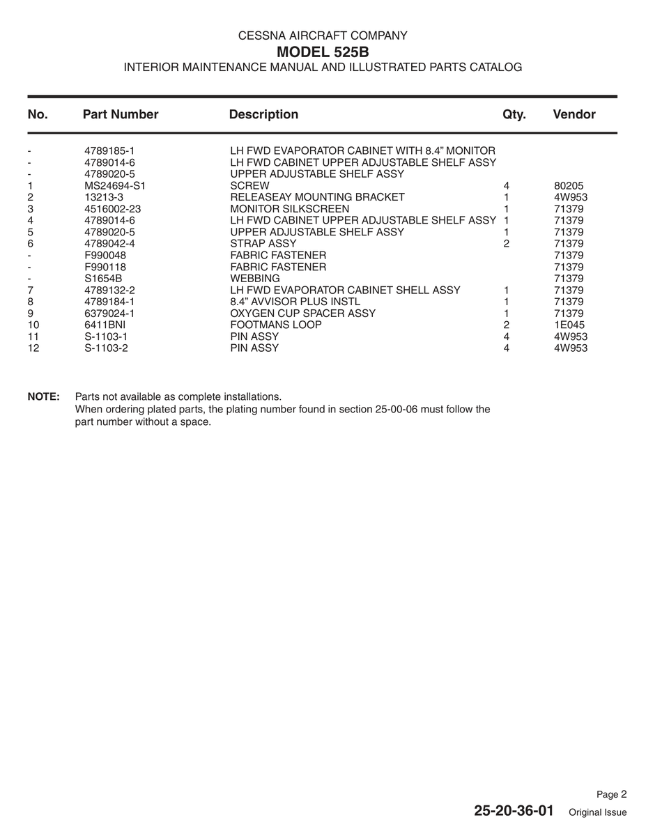Aviation Part F990118 for Cessna 525 Aircraft