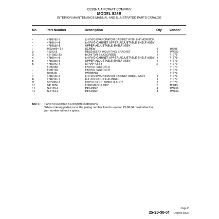 Aviation Part S-1103-2 for Cessna 525B Aircraft Aviation Part S-1103-2 for Cessna 525B Aircraft