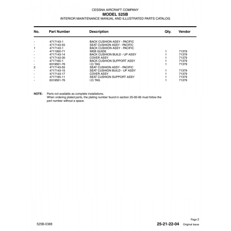 Aviation Part 4717165-1 for Cessna 525B Aircraft