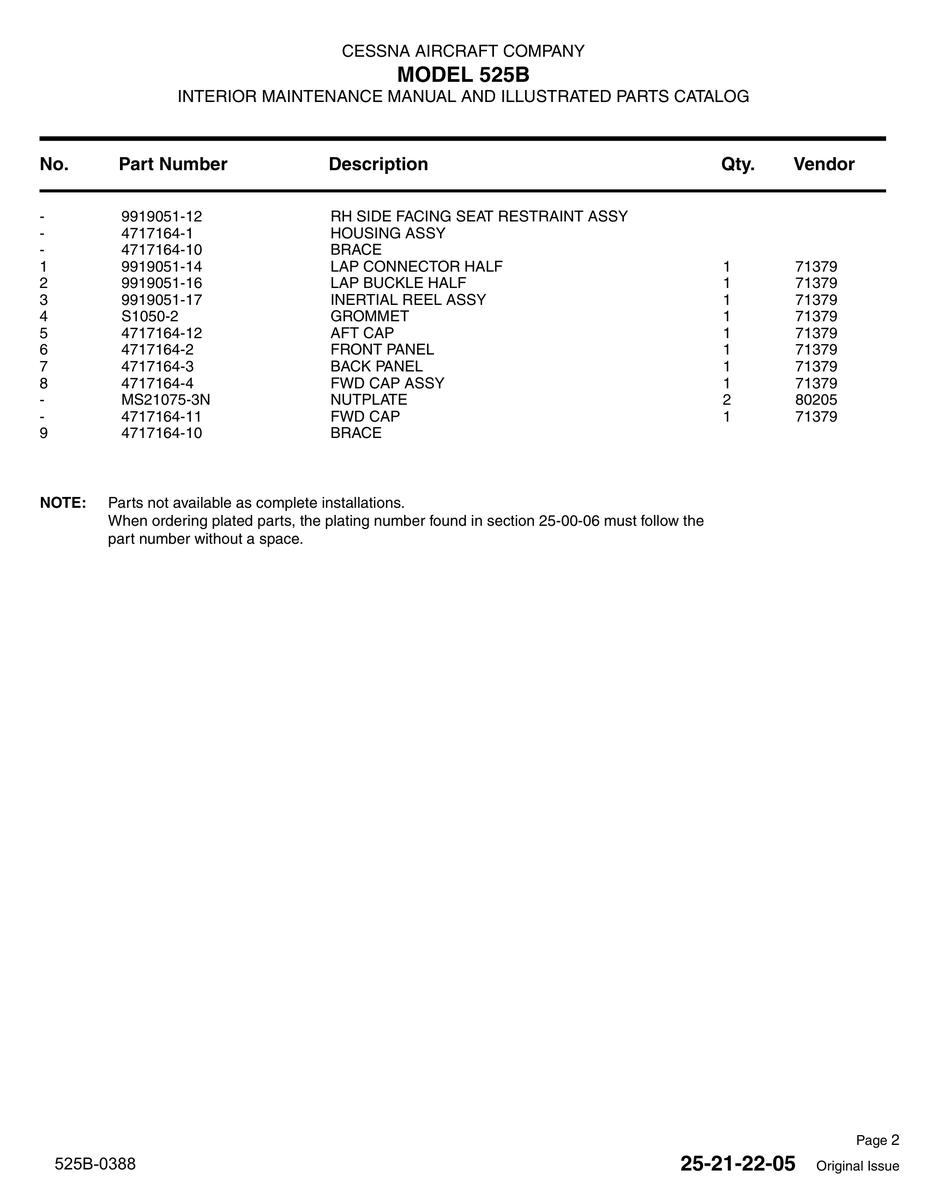 Aviation Part 9919051-16 for Cessna 525 Aircraft