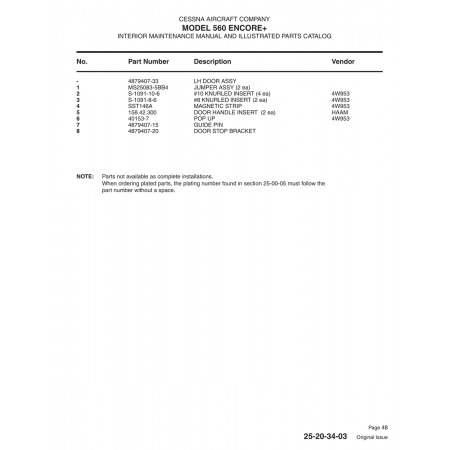 Aviation Part 4879407-20 for Cessna 560 Aircraft Aviation Part 4879407-20 for Cessna 560 Aircraft