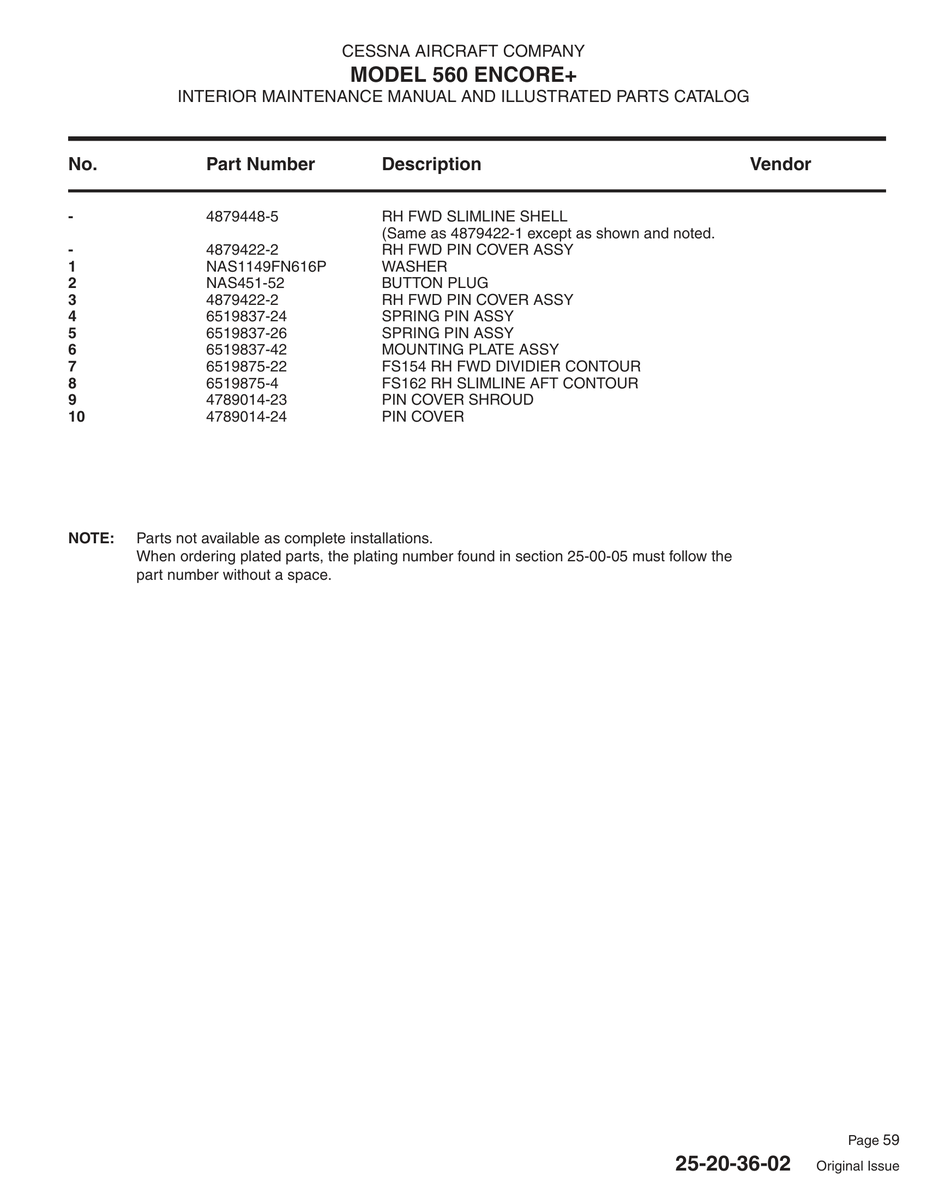 RH Fwd Dividier Contour FS154 for Cessna 560 Aircraft