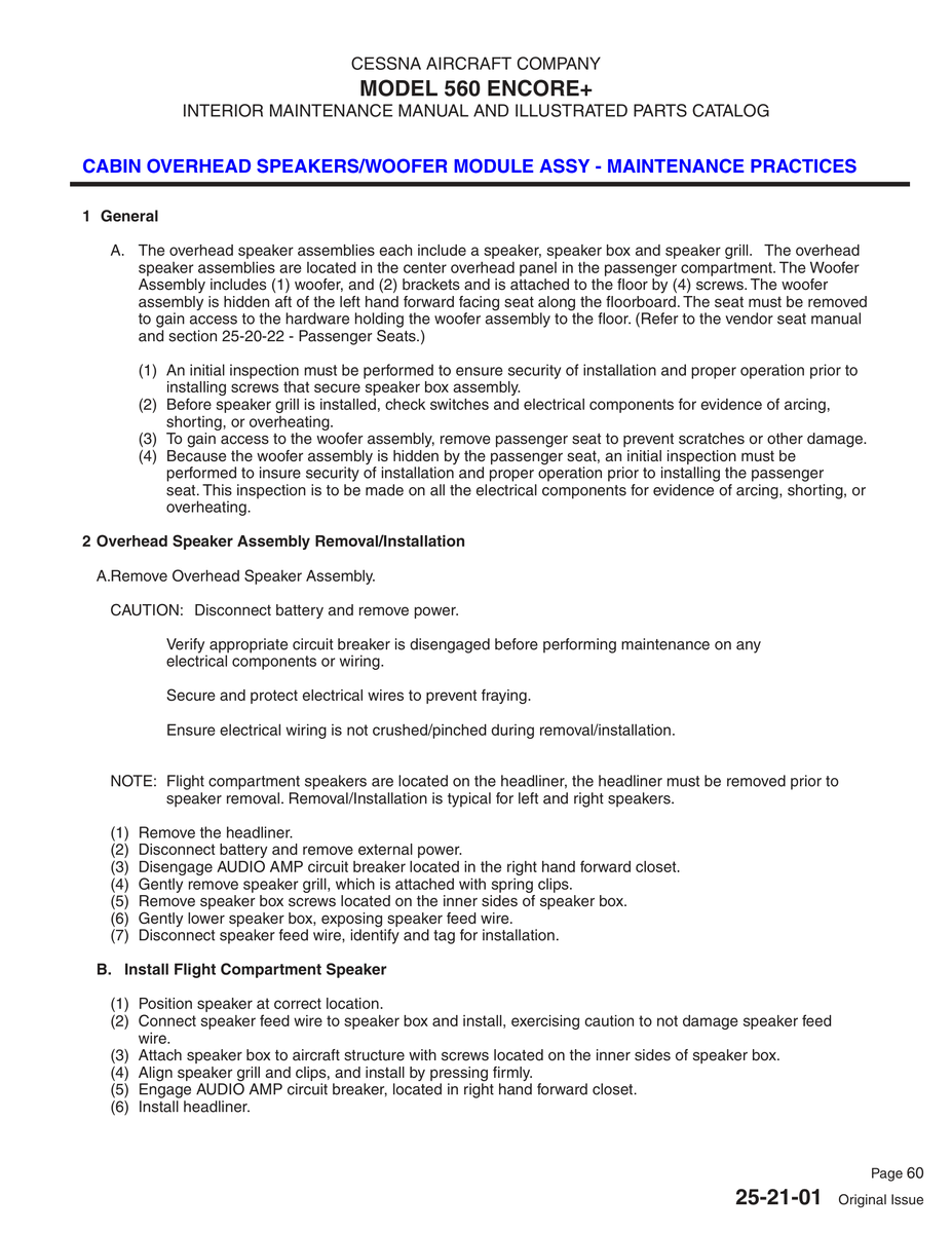Original Issue 25-21-01 for Cessna 560XL Aircraft