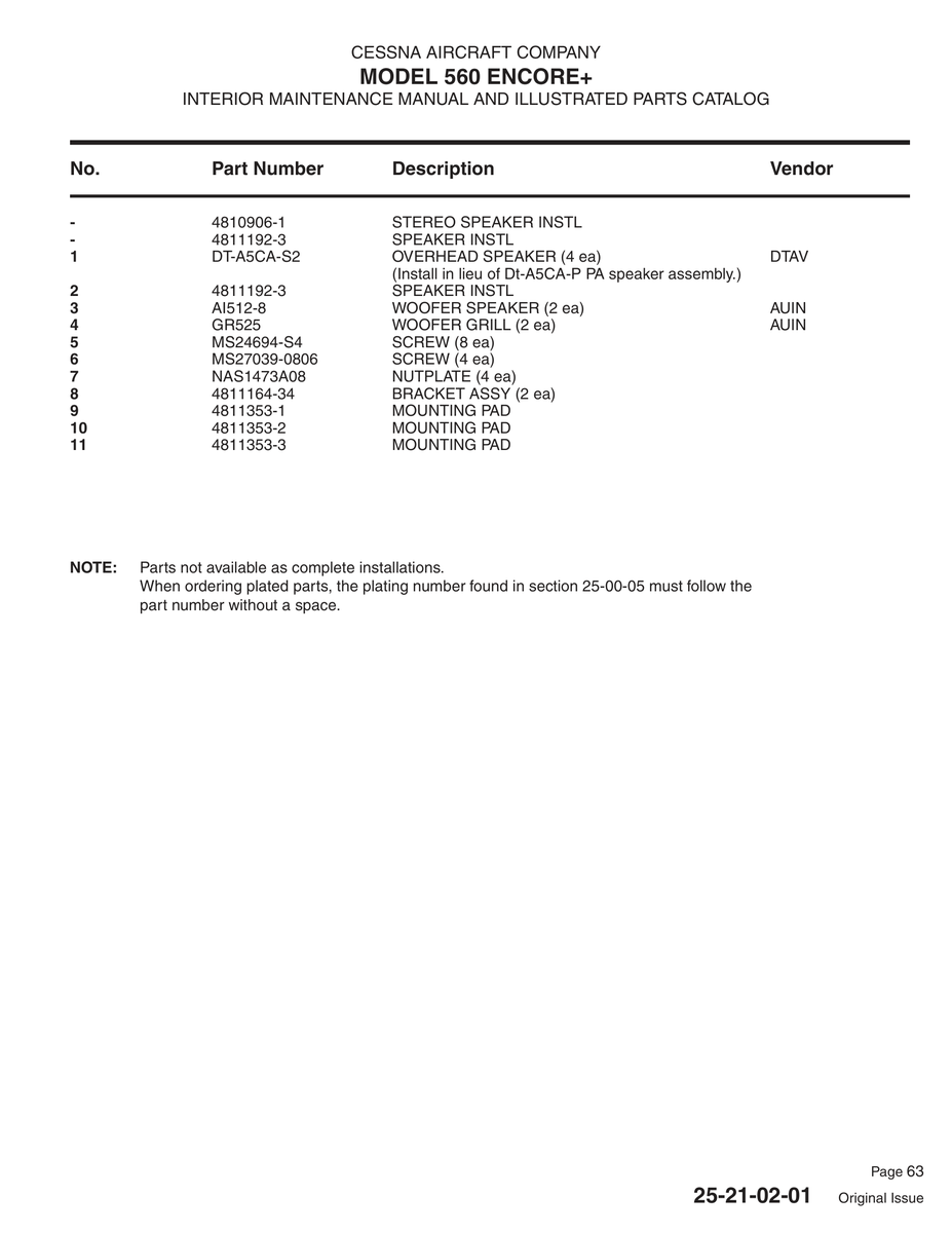 Aviation Part GR525 for Cessna 560XL Aircraft