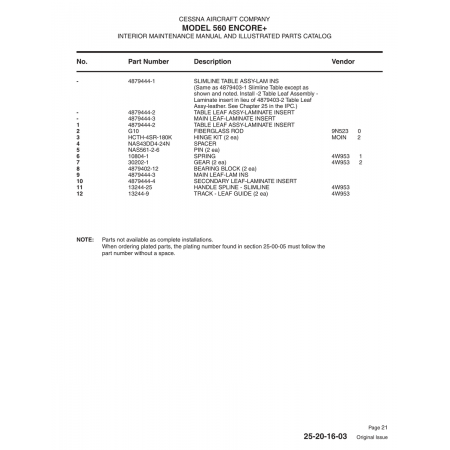 Laminate insert in lieu of Table Leaf 4879403-2 for Cessna 560 Aircraft