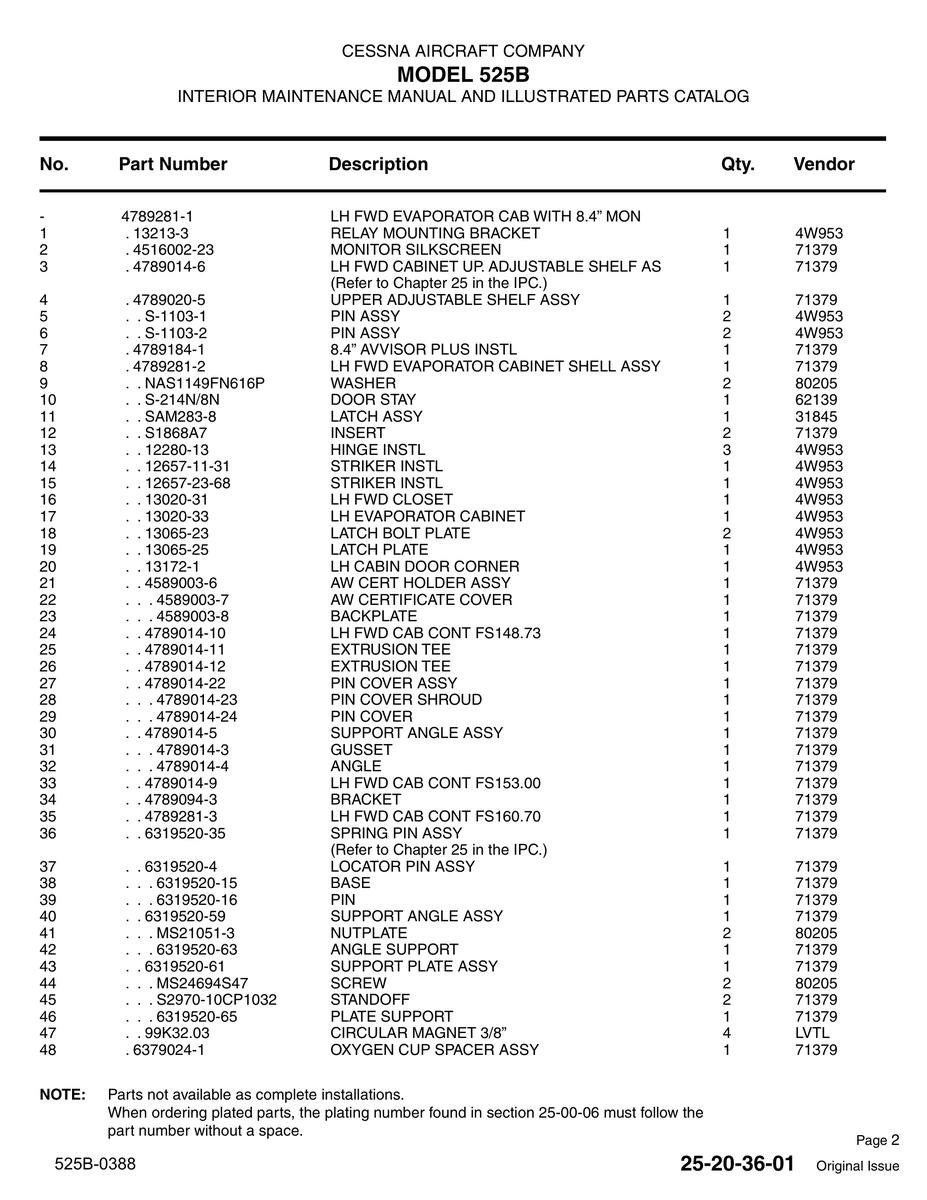 Pin 6319520-16 for Cessna 525B Aircraft