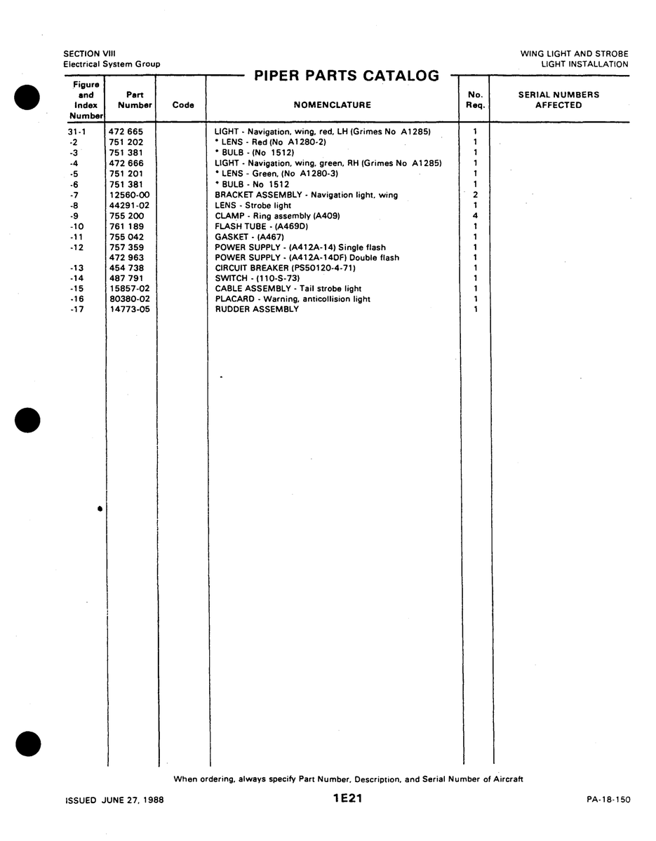 Aviation Part 44291 for Piper PA-18-150 Aircraft