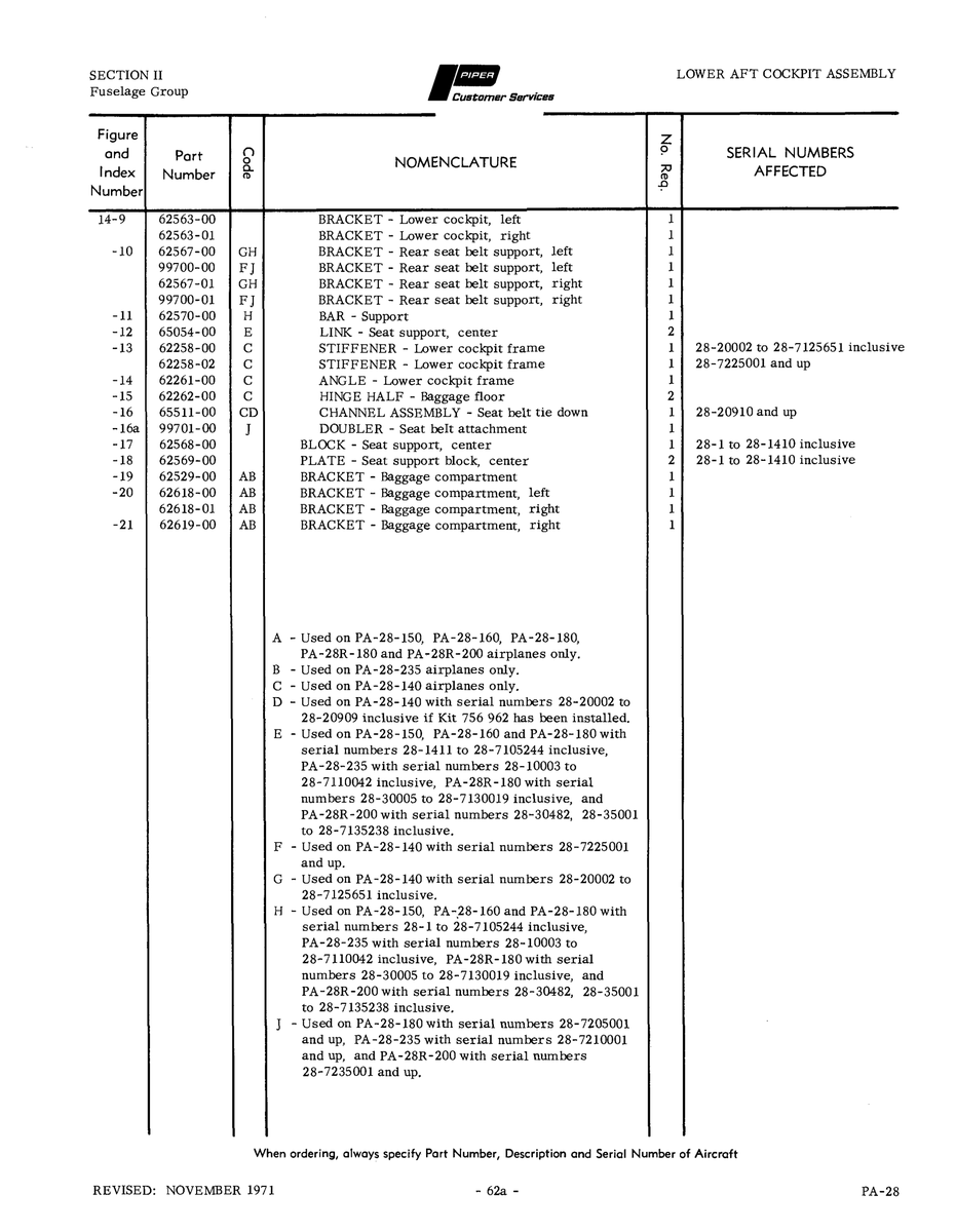 Aviation Part 62563-01 for Piper PA-28 Cherokee Aircraft