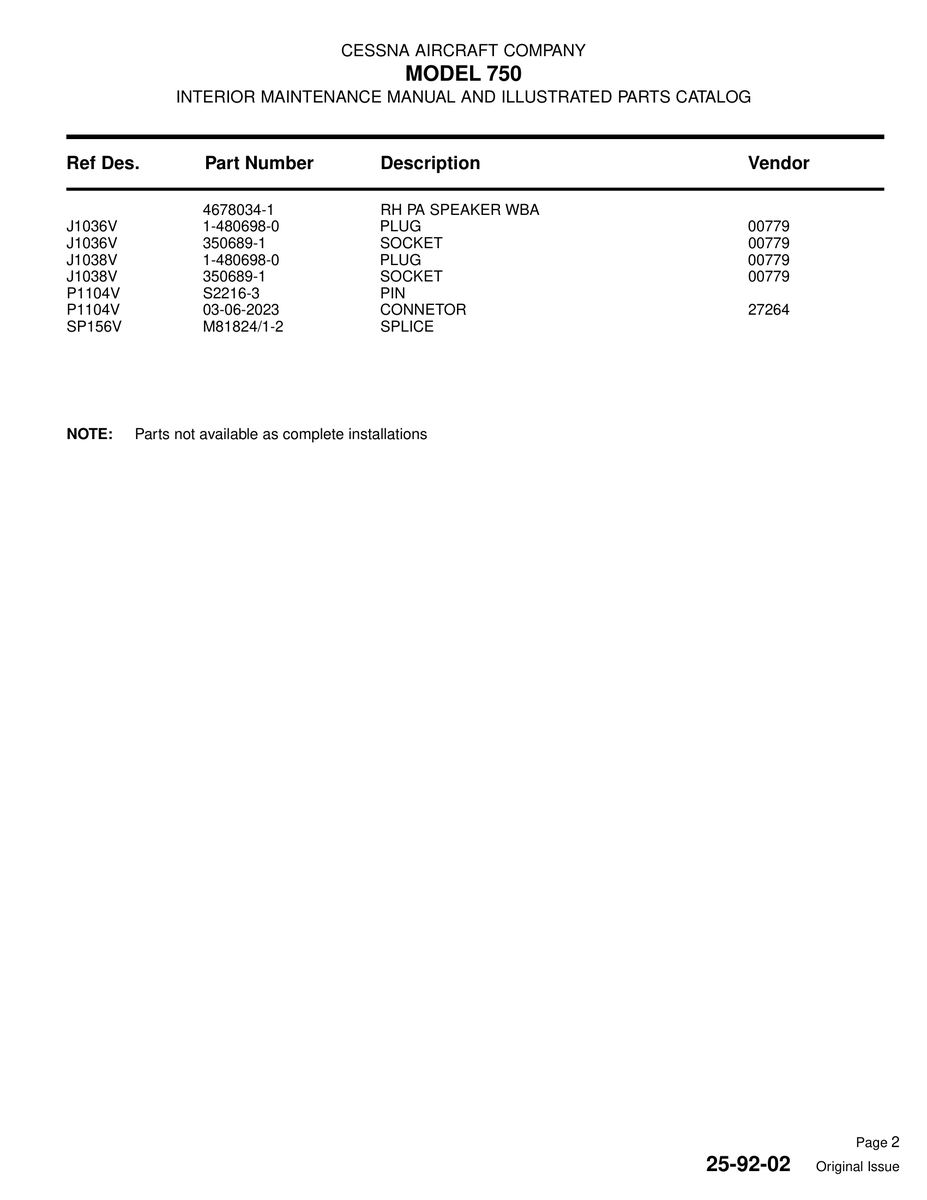 Aviation Part SP156V for Cessna 750 Aircraft