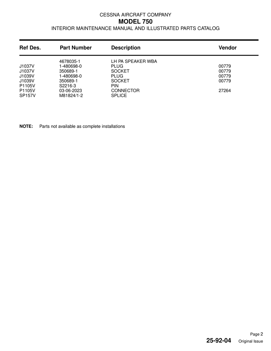Aviation Part 4678035-1 for Cessna 750 Aircraft