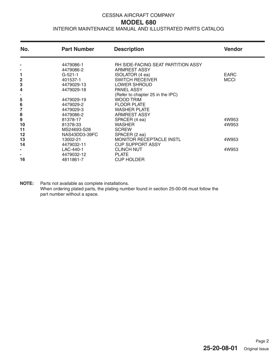 Aviation Part 4479086-1 for Cessna 680 Aircraft