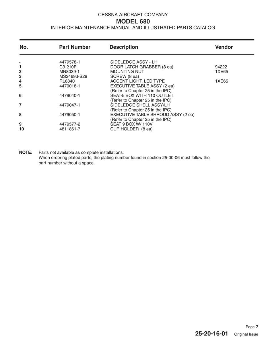 Aviation Part 4479047-1 for Cessna 680 Aircraft