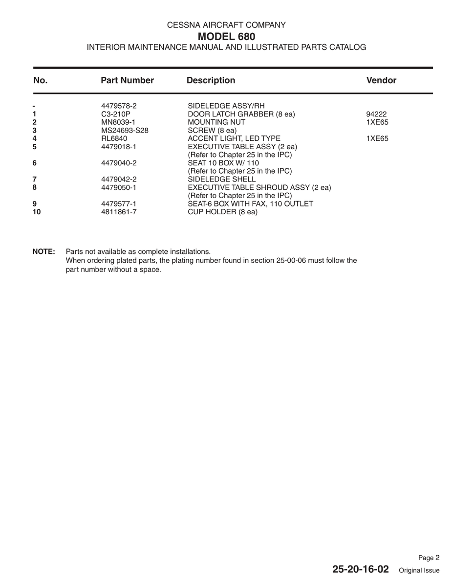 Aviation Part 4479577-1 for Cessna 680 Aircraft