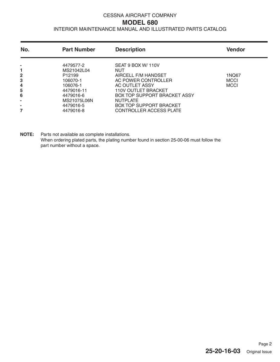 Aviation Part 4479016-6 for Cessna 680 Aircraft