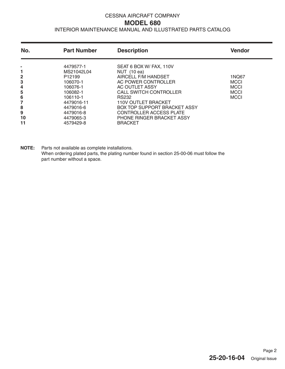 Aviation Part 4479065-3 for Cessna 680 Aircraft