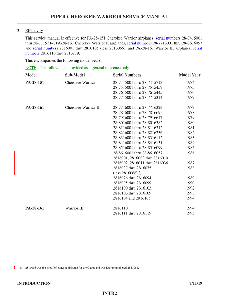 Aviation Part 2816100 for Piper PA-28-161 Aircraft