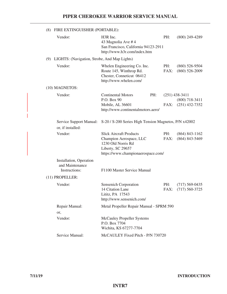 Master Service Manual F1100 for Piper PA-28-161 Aircraft