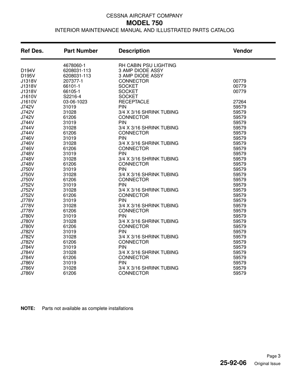 Aviation Part J782V for Cessna 750 Aircraft