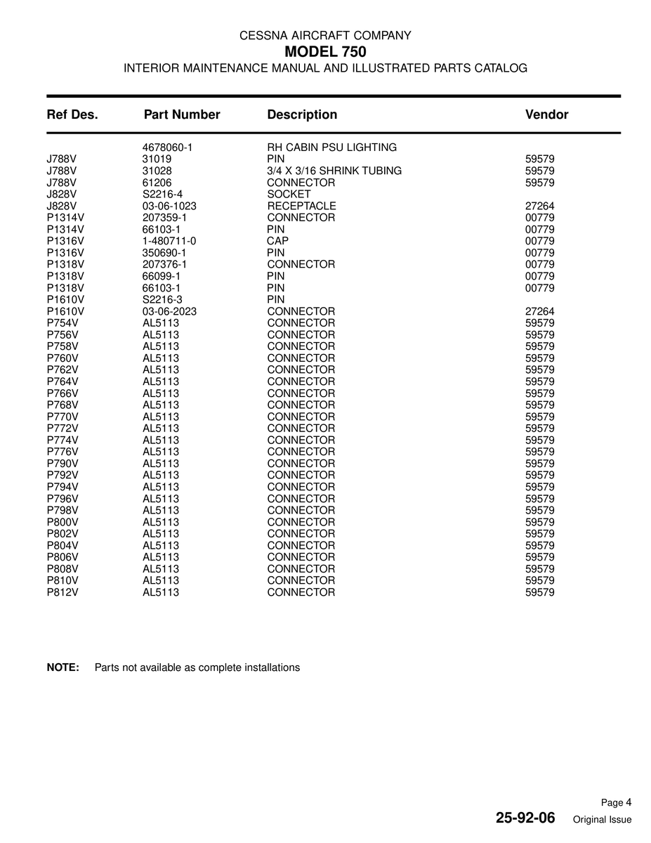Aviation Part P802V for Cessna 750 Aircraft