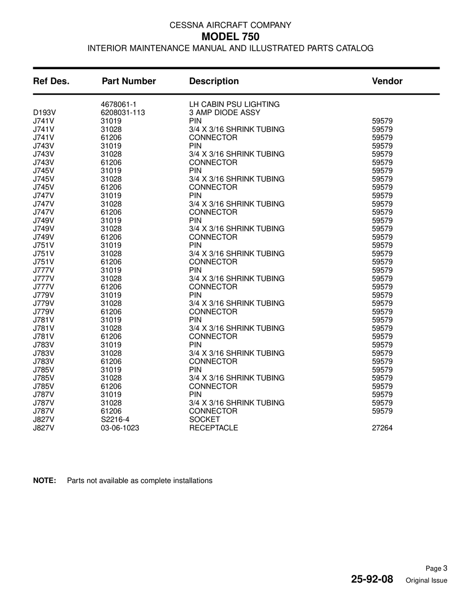 Aviation Part D193V for Cessna 750 Aircraft
