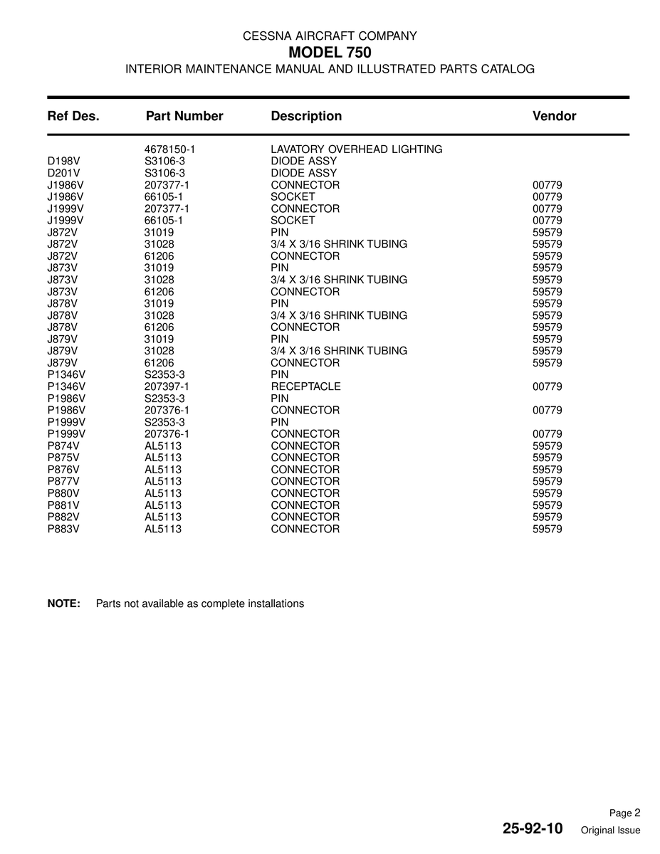 Aviation Part P875V for Cessna 750 Aircraft
