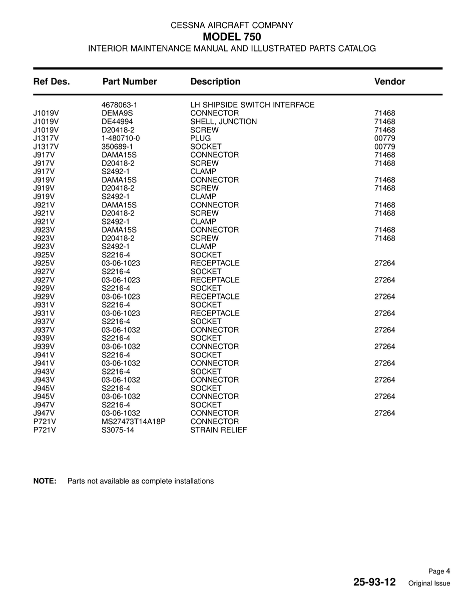 Aviation Part J927V for Cessna 750 Aircraft